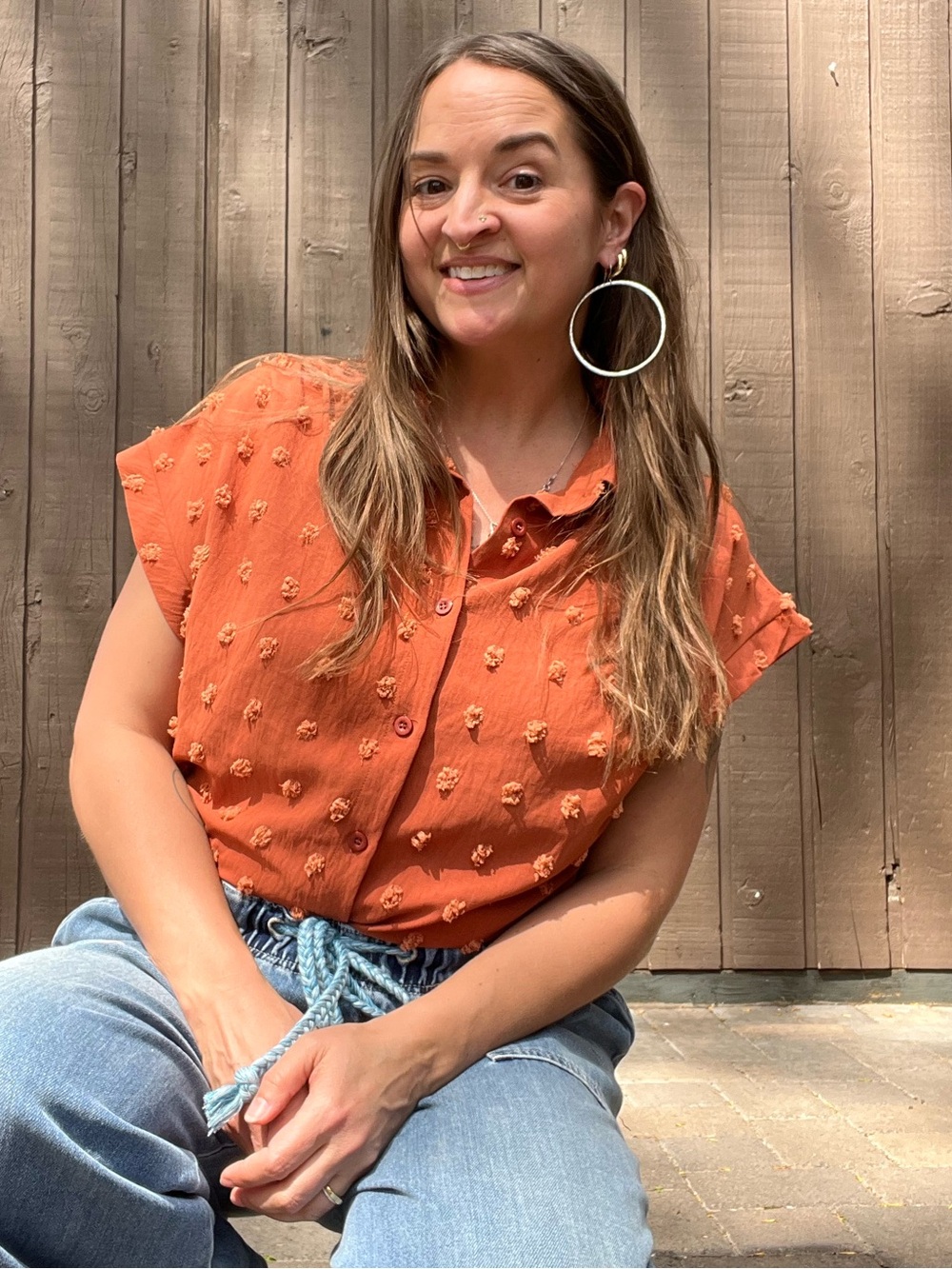 Bothenial Button-Front Granny Core Textured Dot Blouse - Rust Large